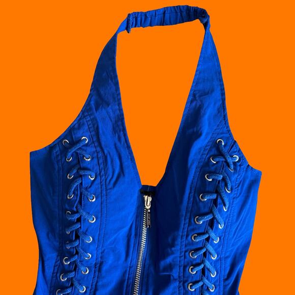 00's vintage blue lace up zipper bodycon y2k corset halter tank top SMALL - Picture 2 of 6